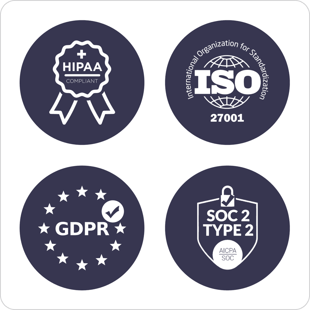 Security certifications including ISO 27001, SOC 2, GDPR, and HIPAA