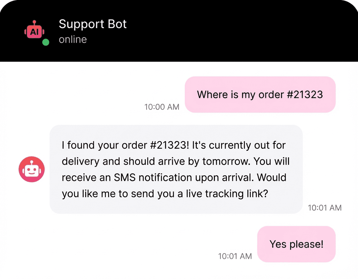 AI Support Bot chat interface showing an order tracking conversation