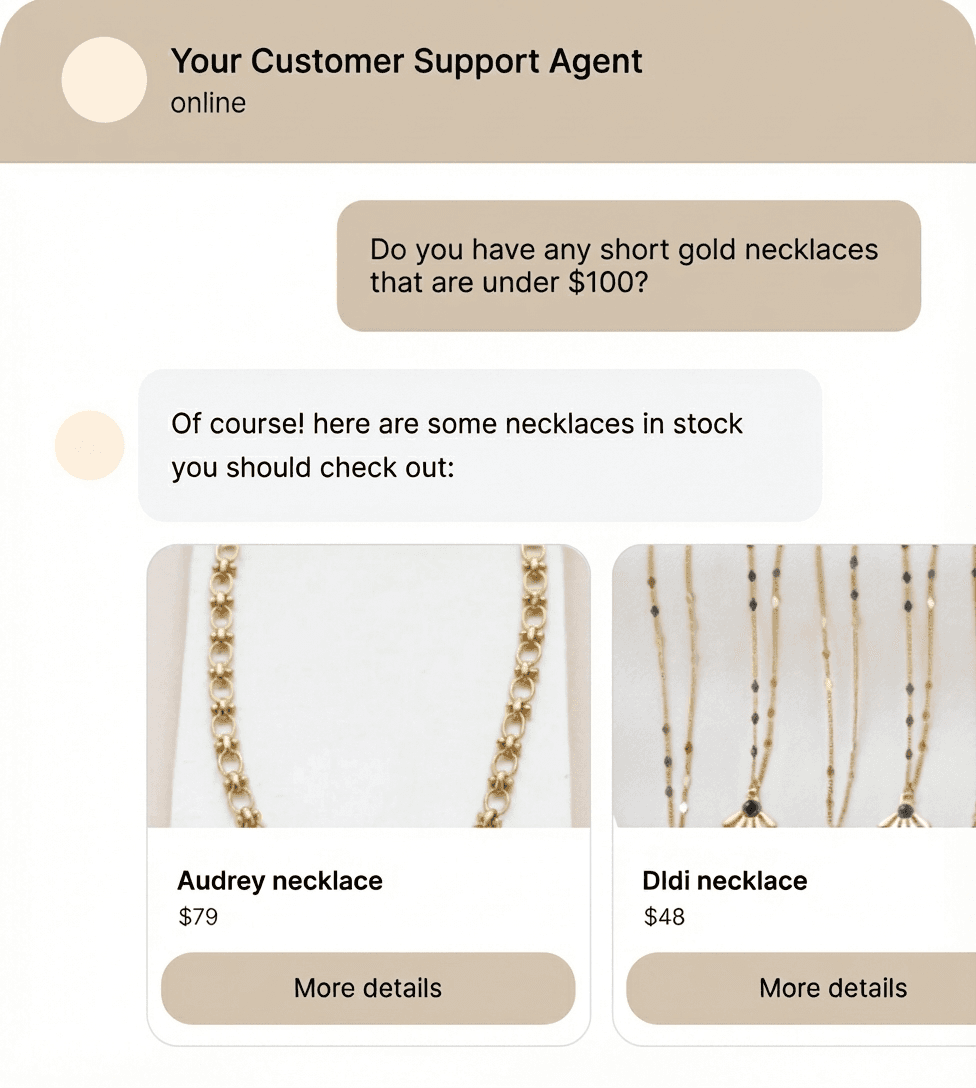 AI Shopping Assistant showing product recommendations for gold necklaces